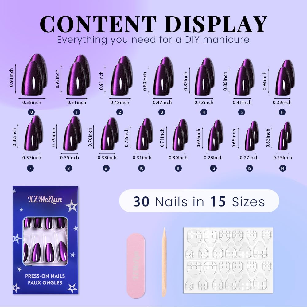 XZMeiLun Cat Eye Purple Press On Nails Almond Medium, Magnetic Acrylic Fake Nails Stylish Design, Salon-Quality Shiny Finish, Reusable Stick On Nails Kit for Women, Daily Wear (No Glue Included)