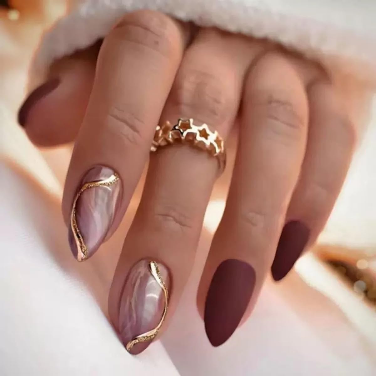 6 Packs (144 Pcs) Press on Nails Medium Almond Fake Nails Swirls False Nails with Designs Glitter Line Glue on Nails Full Cover Glossy Acrylic Stick on Nail for Women Manicure