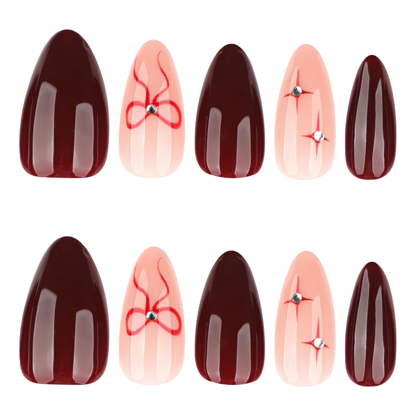 Mivota Soft Gel Press On Nails Medium Almond – Burgundy Ribbon Nude Nail Art, Reusable Luxury Glue-On Nails with Hand-Painted Bow Design, 24PCS Salon-Quality Stick On Nails for Women