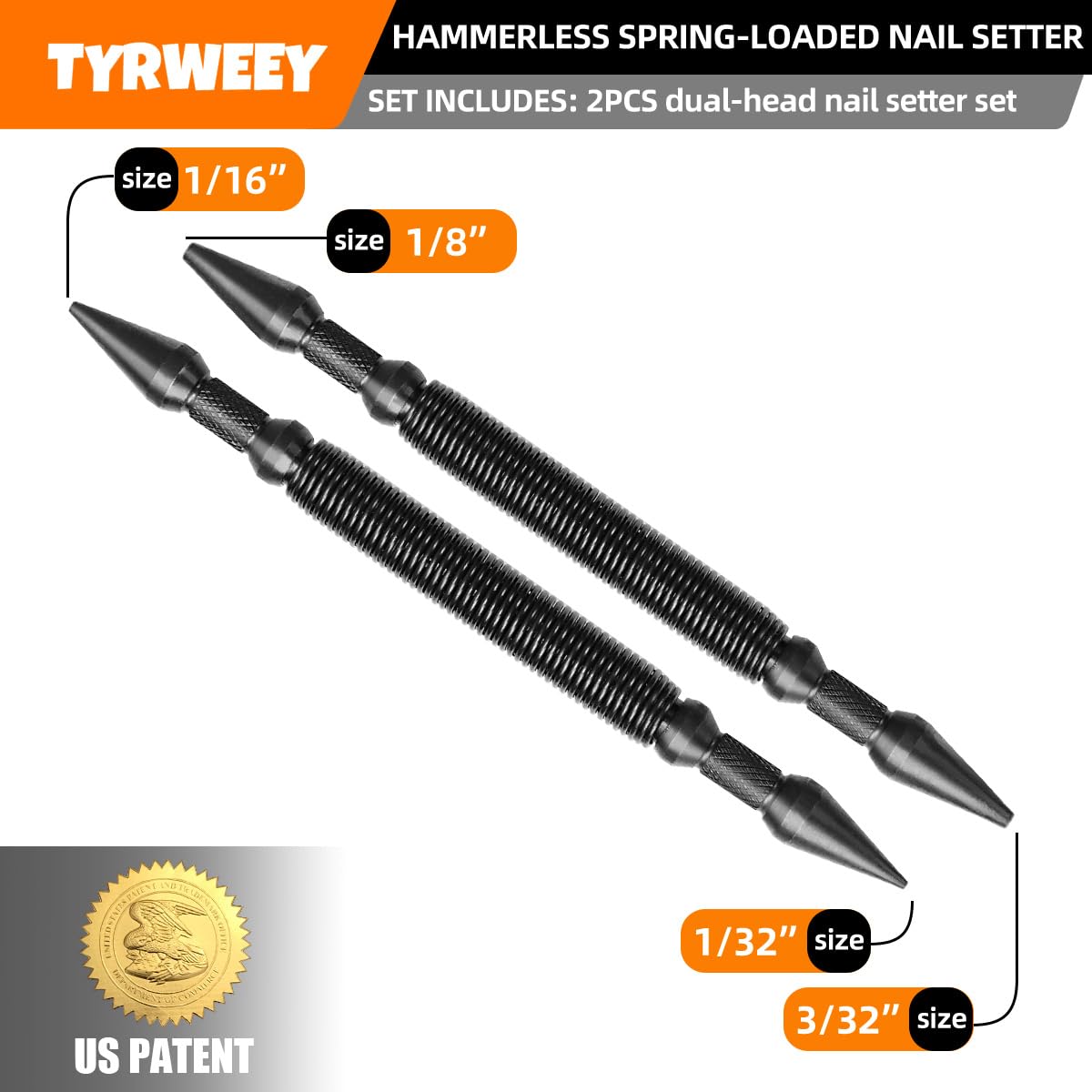 TYRWEEY 2-Piece Nail Setter Dual Head NailSet, Dual Head Nail Setter, Spring Loaded Center Hole Punch, Hand Tool for Metal or Wood features 1/16-in, 1/32-in, 1/8-in, 3/32-in