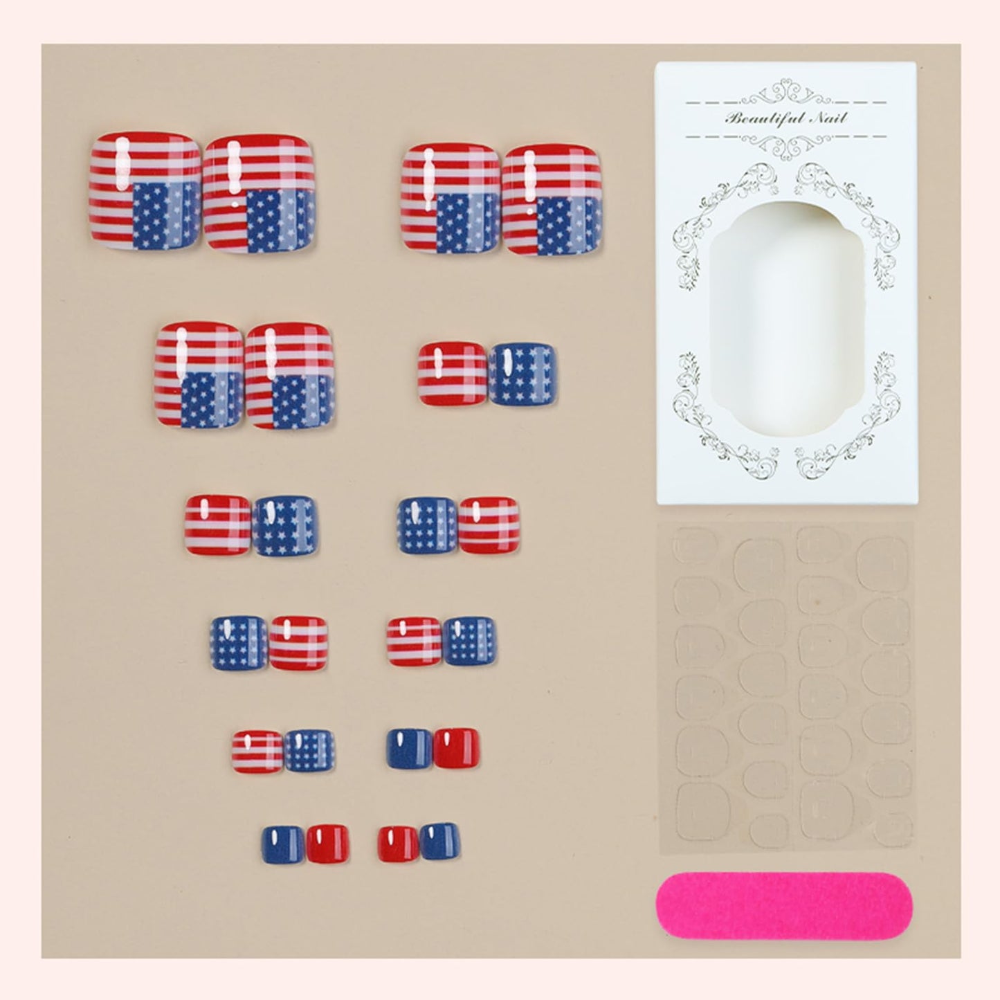 4th of July Press on Toenails Short Square Toe Nail Press ons Glossy Fake Toe Nails with American Flag Design Patriotic Toe Press on Nails Acrylic Stick on Toenails for Women 24Pcs