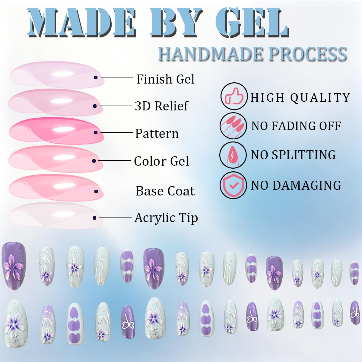 3D Press On Nails Almond Medium Light Purple Fake Nails with Cat's Eye Embossed Flower Summer Designs, Acrylic Artificial Nail Press ons False Stick On Nails for Women Girls 30Pcs