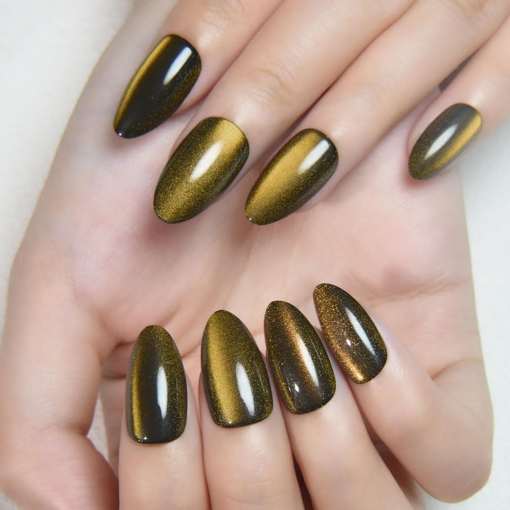 evpct Cat Eye Gold Press on Nails Almond Short, Gold Metal Short Almond Soft Gel Press on Nails with Nail Kit, Fit Perfectly, 30Pcs Reusable Acrylic Fake Press-on Nail Polish Kit for Women Gift