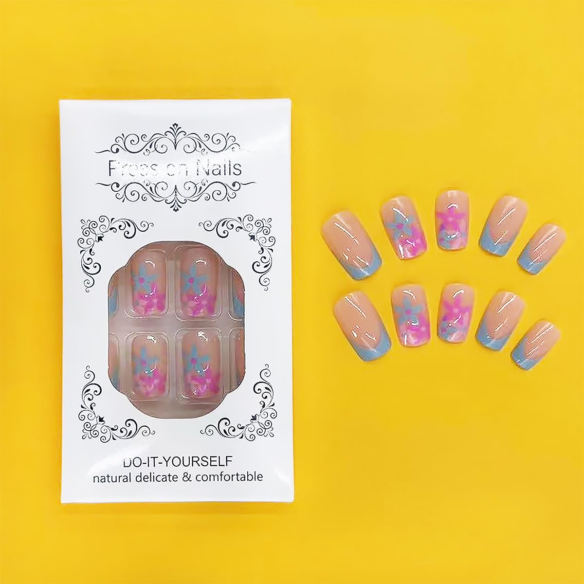 24pcs Blue French Tip Press on Nails Medium Square Fake Nails Pink Flower Design Nail Art Supplies Acrylic Artificial Nails Glossy Glue on Nails Full Cover Nail Supplies for Women Manicure Decoration