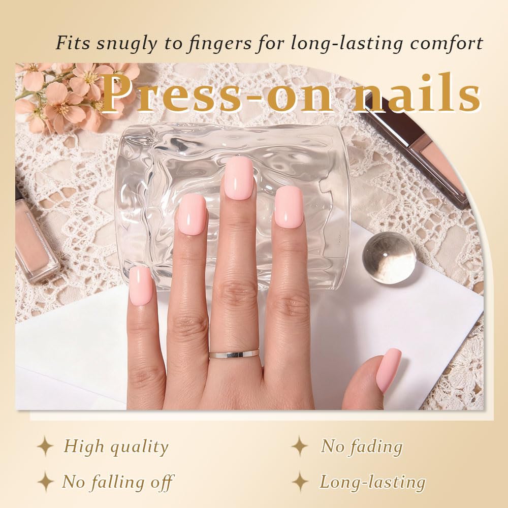 evpct Light Nude Pink Short Press on Nails Square, Glossy Soft Gel Acrylic Fake Press on Nail Manicure Kits, Reusable Artificial Stick on Nail for Women, Full Cover Easy Application Easy At-Home Salon