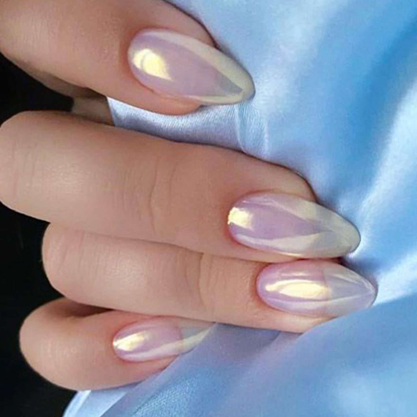 GLAMERMAID Chrome Press On Nails Medium Almond- White Handmade Metal Gel Fake Nails Stiletto, Glitter Glazed Donut False Nail Oval, Glossy Natural Reusable Acrylic Stick Glue on Nails Kit for Women