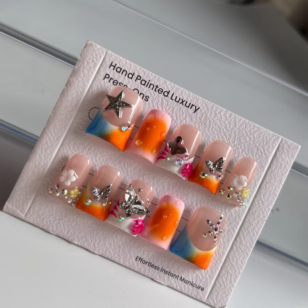 MXYIYANR Press On Nails - Handmade Nails Yellow Duck Nails for Women, French Pearl Tips Luxury Reusable Stick On Fake Nails, DIY Art Decorate with Nail File Kit (SIze S)