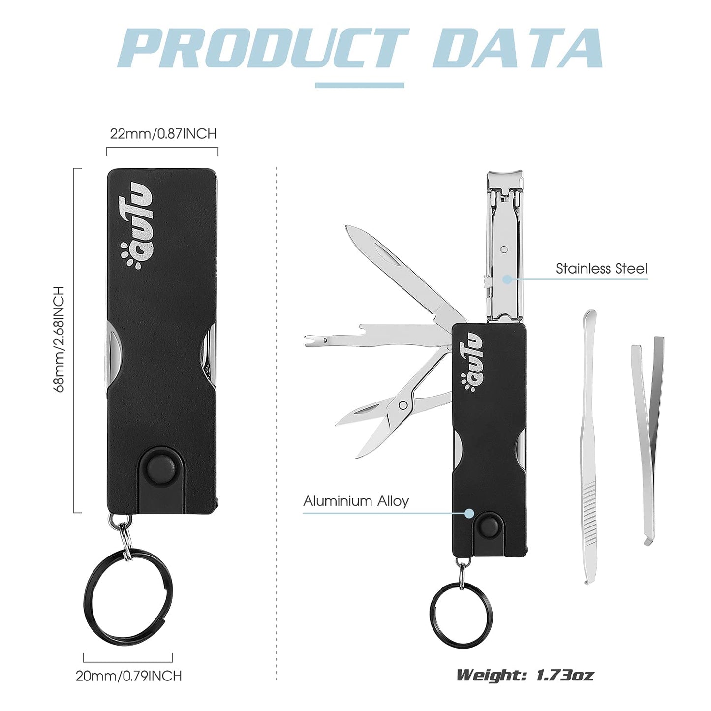 OUTU Keychain Nail Clippers Multitool, 8 in 1 EDC Utility Tool with Nail Clipper, Scissors, Tweezers, Gifts for Him Men Husband Dad Boyfriend (Black)