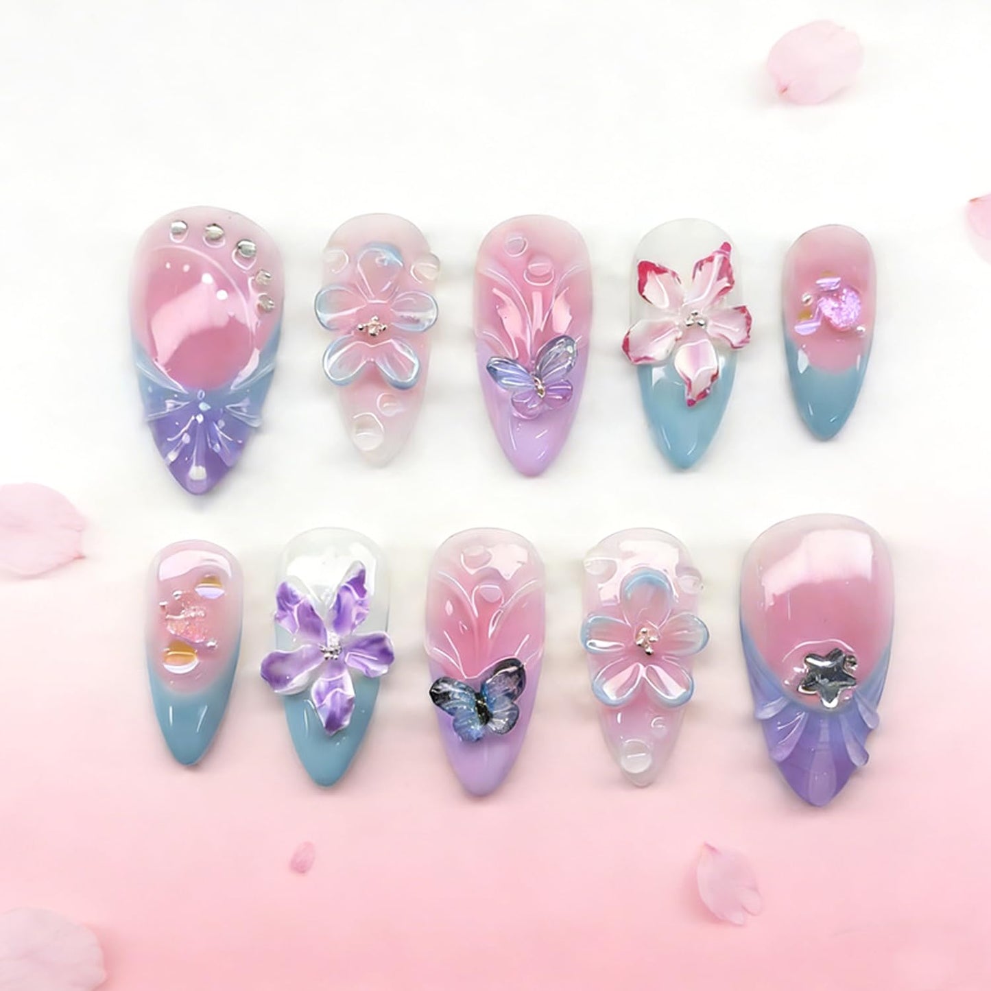 30Pcs Flower Press on Nails Medium Almond French Tip Fake Nails with 3D Star Rhinestone Design Butterfly Heart False Nails Pink Smudge Full Cover Cute Floral Butterflies Acrylic Glue on Nail for Women