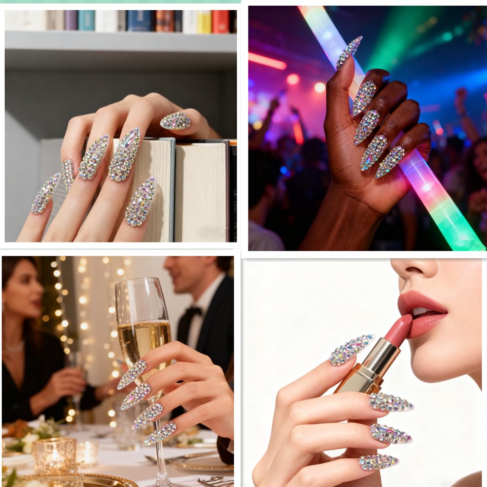 Elevenail Handmade Press on Nails Full Cover Luxurious 3D Crystal False Nails Super Extra Long Stiletto Diamonds Art Decoration Fake Nails Manicure Kit Nail Art Tips Gift for Women Girls Wedding Party