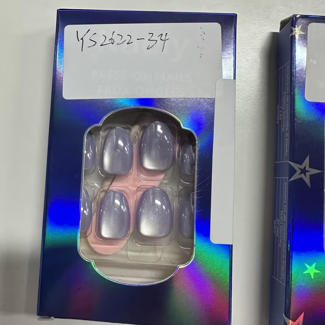 evpct Lavender Glossy Cat Eye Press on Nails Short Oval Round for Women, Light Purple Stick on Nails with Cat Eye Design, Holographic Soft Nail Perfectly Fit, Salon-quality Reusable Acrylic Fake Nail