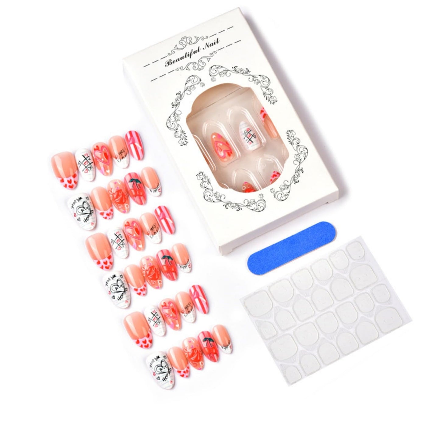 OCTOSWAVE Valentine's Short Press on Nails Almond Fake Nails French Glossy Artificial Nail 3D Love Lips Stick on Nail for Women 24pcs