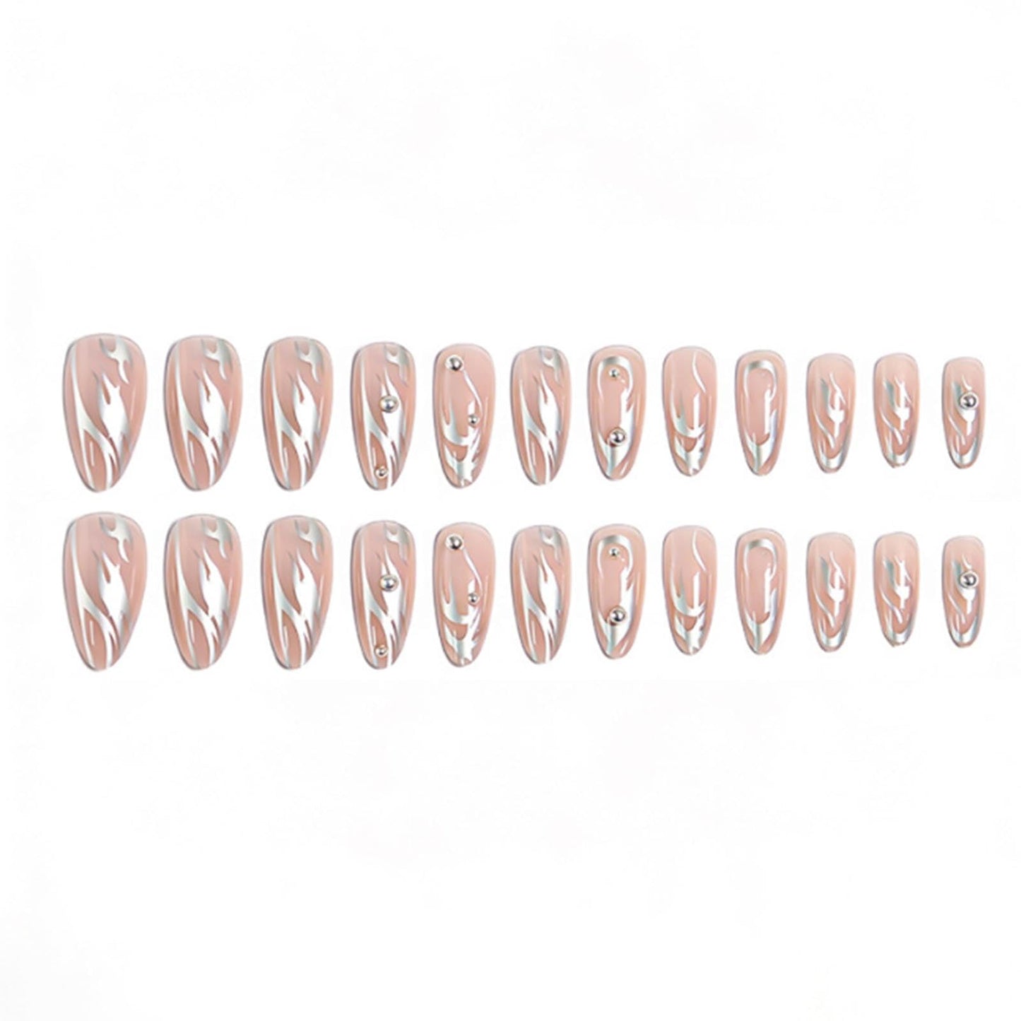 Gifiky Nude False Nails Medium Almond Press on Nails Pearl Flame Nails Tips Acrylic Fake Nails for Women and Girls 24Pcs