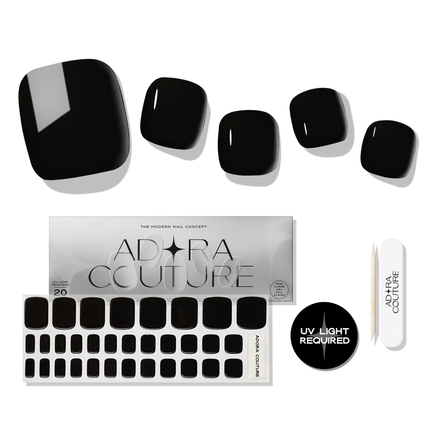 Adora Couture Semi Cured Gel Nail Strips - 32 pcs Gel Pedicure Stickers, Easy to Apply & Remove Toenail Stickers, Salon Quality At Home & Long Lasting - UV Nail Lamp Required - Black P