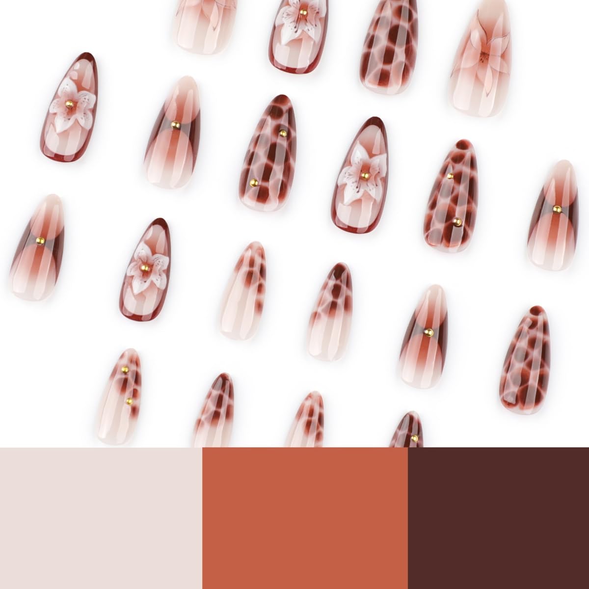 French Tip Press on Nails Medium Almond 3D Summer Flower Fake Nails with Glue Gold Beads Stick on Nails Full Cover Brown Glossy Acrylic False Nails for Women DIY Manicure Decoration 24PCS