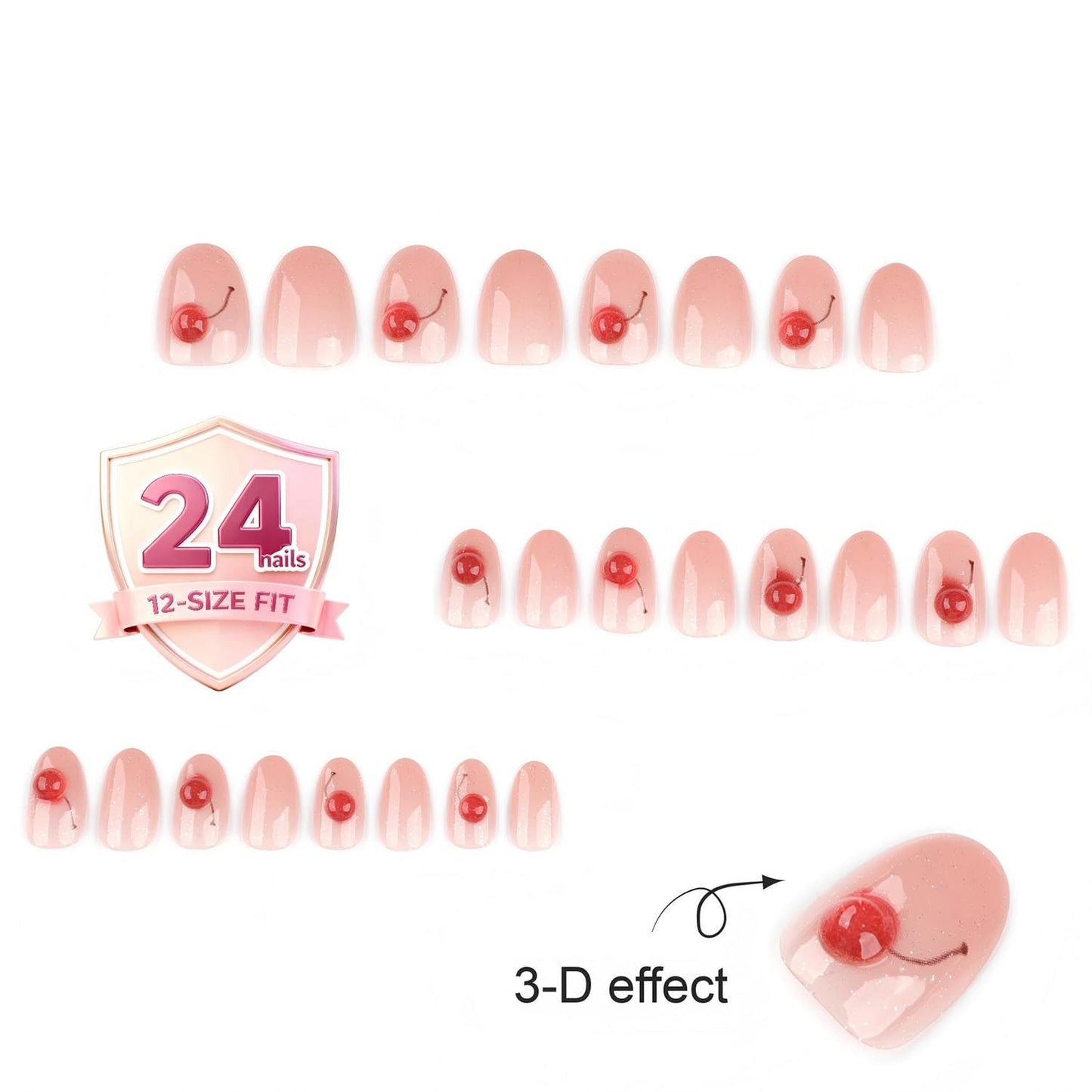 Pink Cherry Press On Nails Short Round Soft Gel Fake Nails with 3D Jelly Fruit Design, Glitter Nude Glossy Reusable On Nails for Women Girls Cute Manicure Set 24PCS
