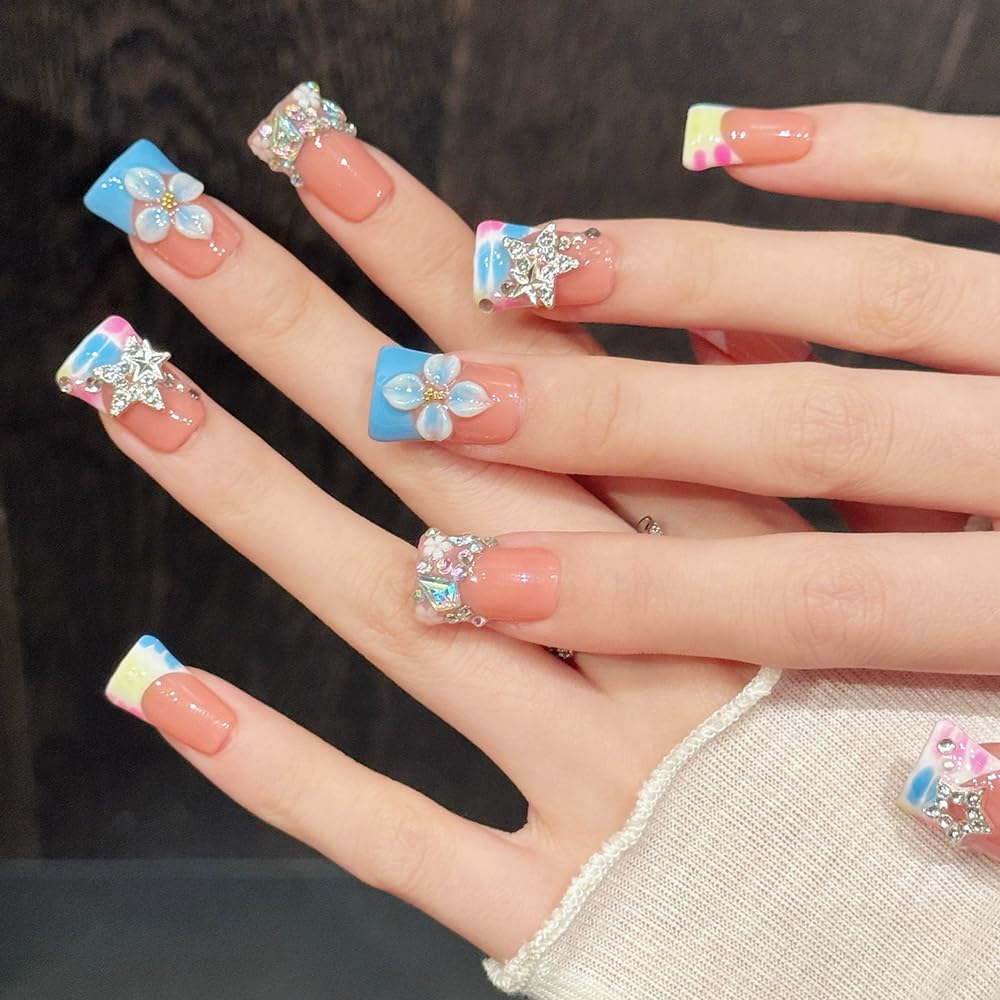 Handmade press on nails Duck Medium Fake Nails Blue French False Nails with 3D Flower Designs luxury Stars Charm Acrylic Nails for Women 10pcs (Size M）