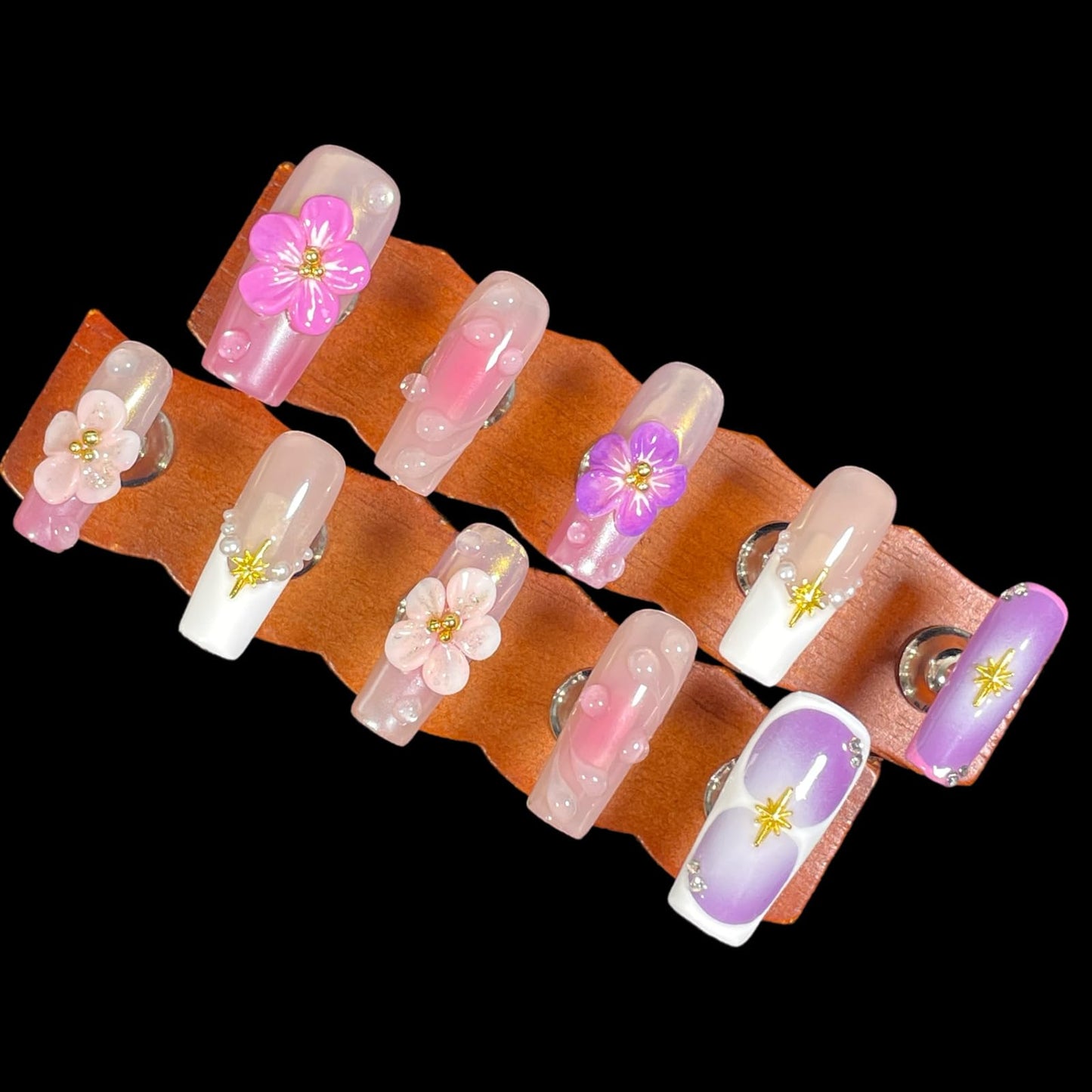 Handmade Press On Nails Medium/Long Square Pink 3D Sakura Design - Reusable French Acrylic Fake Nails with Gold Stars & Pearls, Luxury Cherry Blossom False Nails (Sakura, M)
