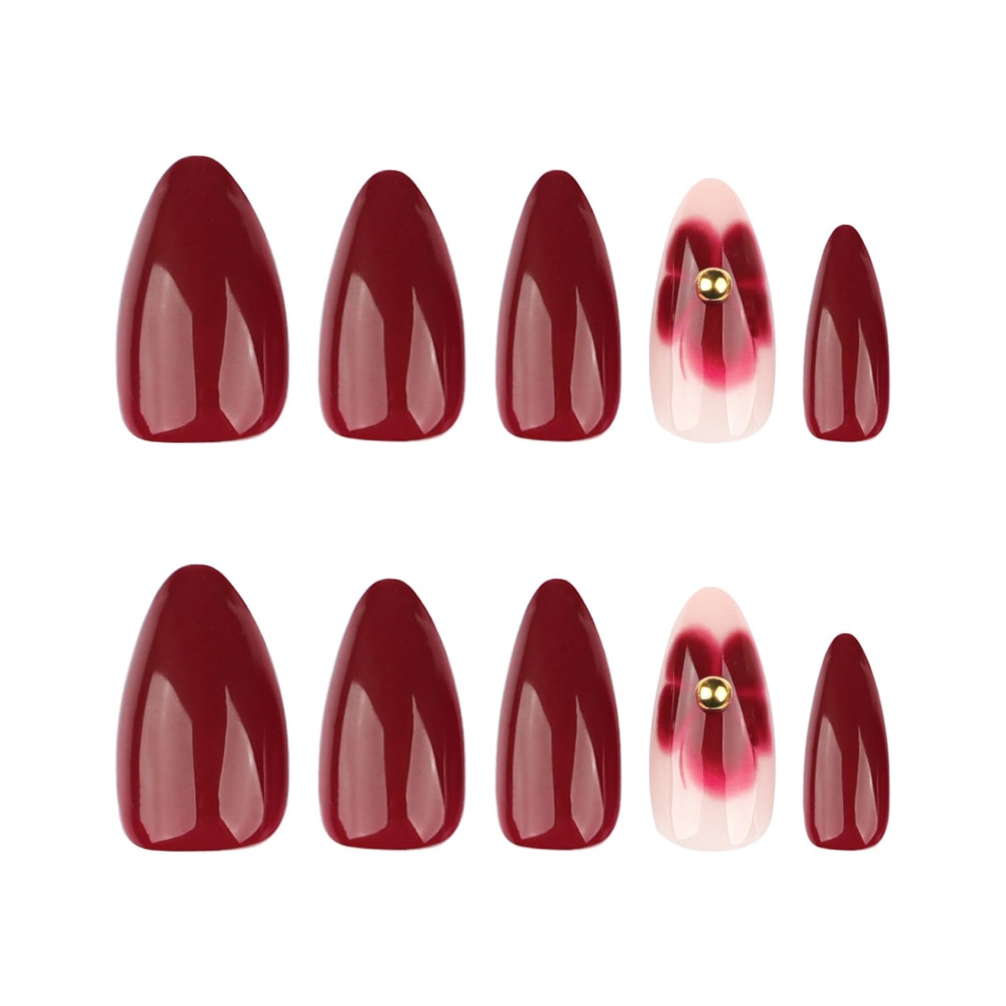 24Pcs Dark Red Almond Press on Nails Short Medium Fake Nails with Floral Steel Ball Design Reusable Almond False Nail Red Flower Nails Press ons Artificial Spring Summer Flower Nails for Women