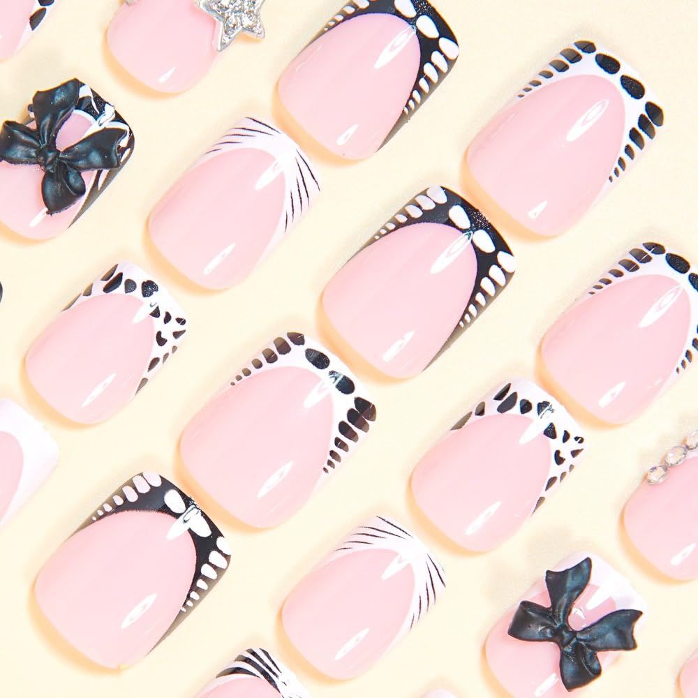 CTTHNBD Short Press on Nails - Square Fake Nails with Bow Star Charms Design - French Tip False Nails Stick on - for Women 24 Pcs