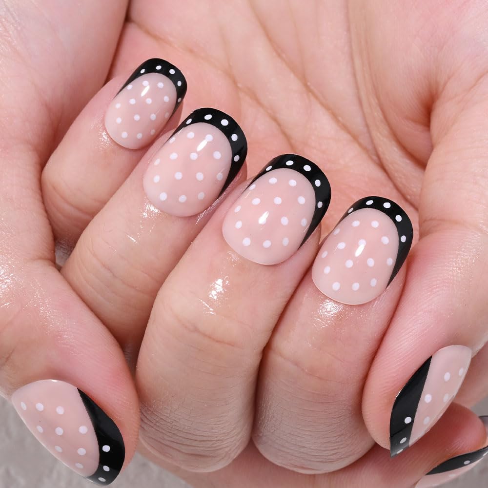 XZMeiLun Glossy Black Polka Dot French Tips Press On Nails Short Round – Salon-Quality Acrylic Fake Nails, Reusable Stick-Ons, Cute Mini DIY Kit | Spring Summer Nail & Girlss for Women & Daily/Party