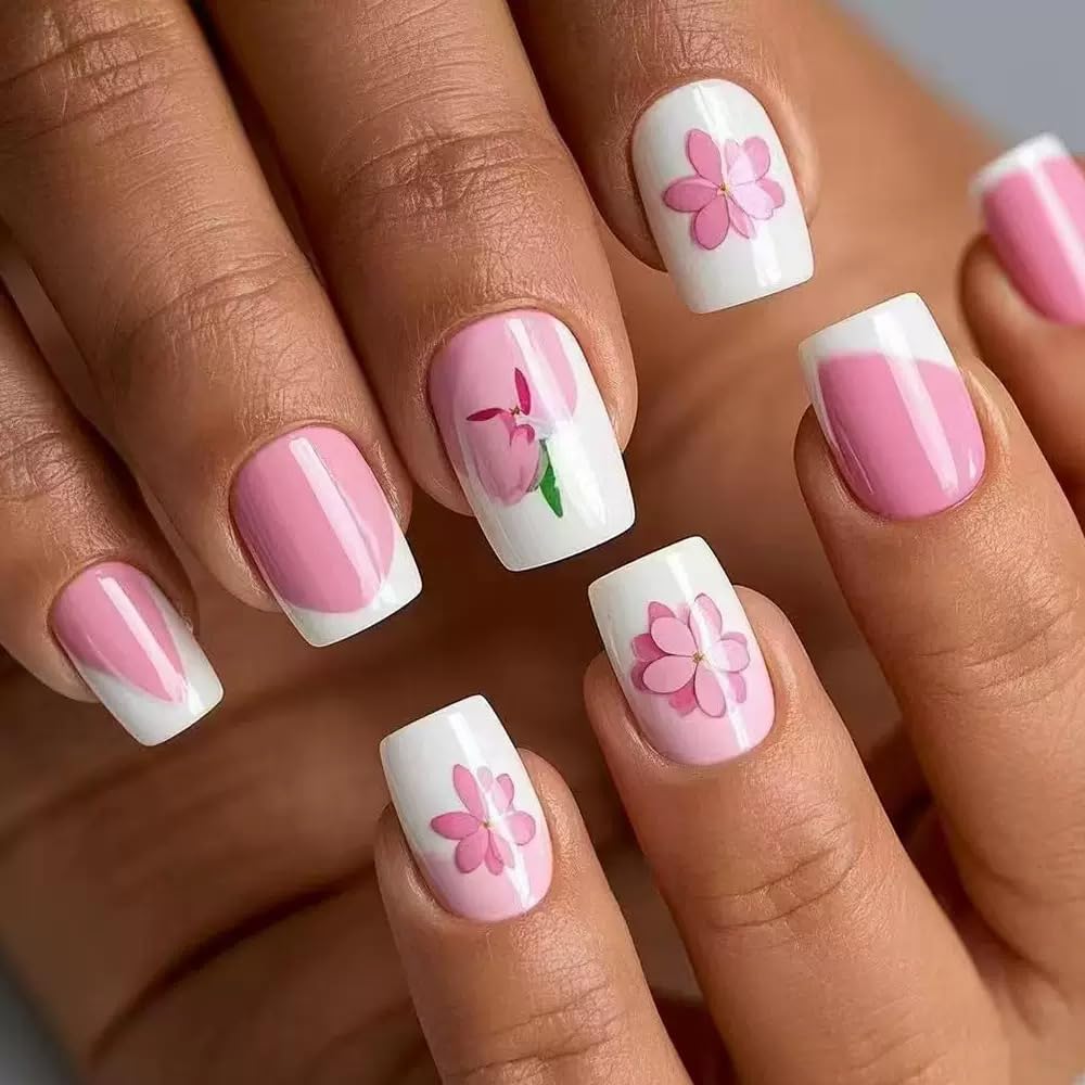 CTTHNBD Press on Nails Square - Short Fake Nails with Pink Flower Design - White French Tip False Nails Press ons - for Women 24 Pcs