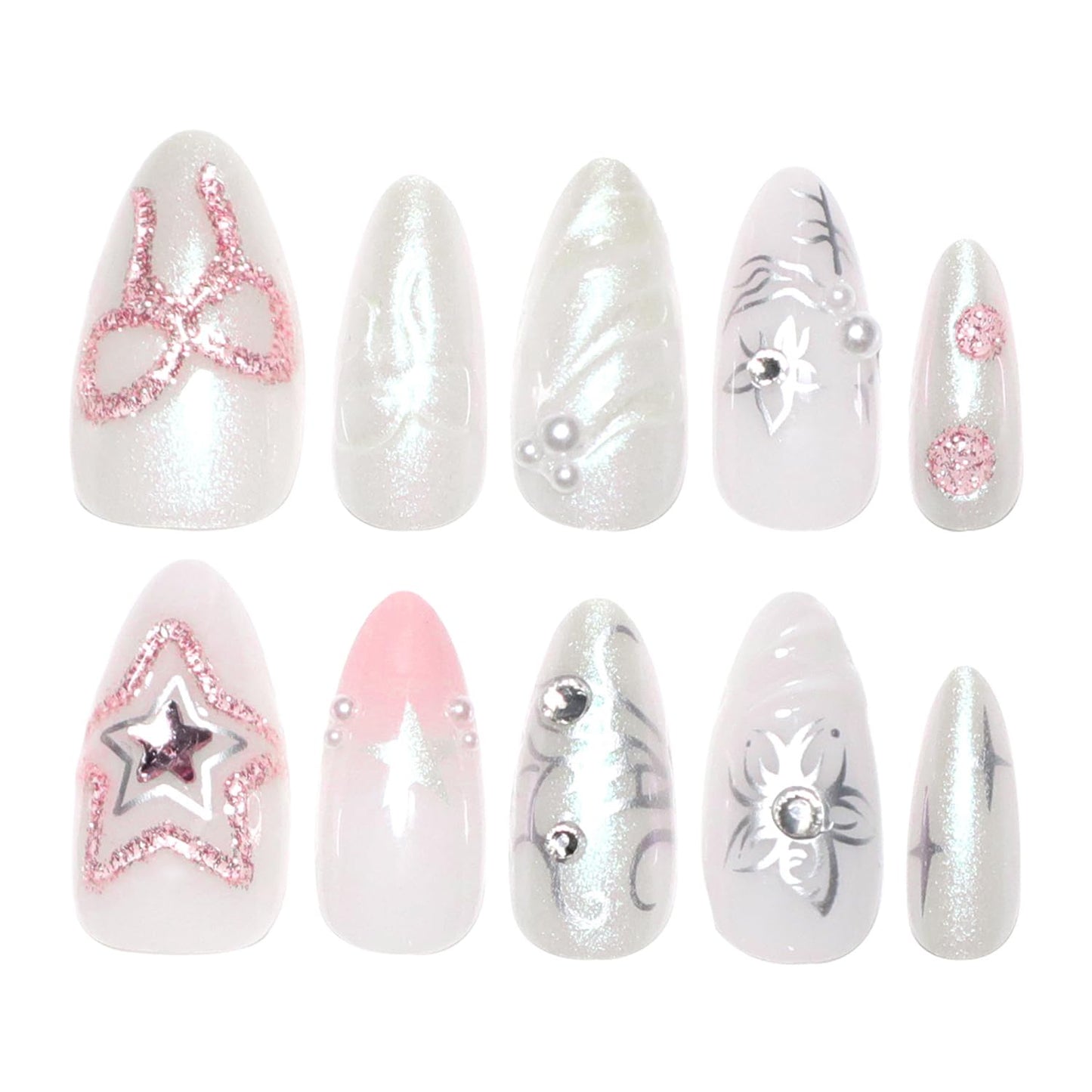 French Tip Press on Nails Medium Almond Star Bow Flower Fake Nails with Rhinestone Designs Pink Glitter Stars Bows False Nails Full Cover Artificial Glue on Nails Handmade Stick on Nails for Women