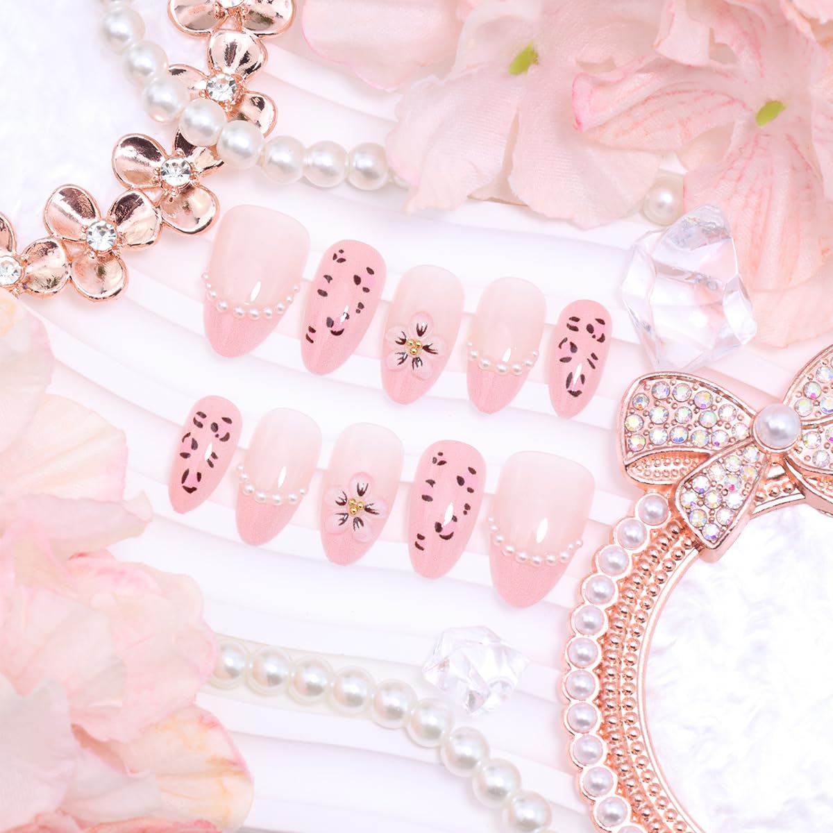 30Pcs Pink Leopard Flower Press on Nails Almond Shape Short Fake Nails with 3D Flower & Pearl Chain Design French Tip Full Cover False Nails Cute Reusable Glossy Acrylic Nails for Women Manicure