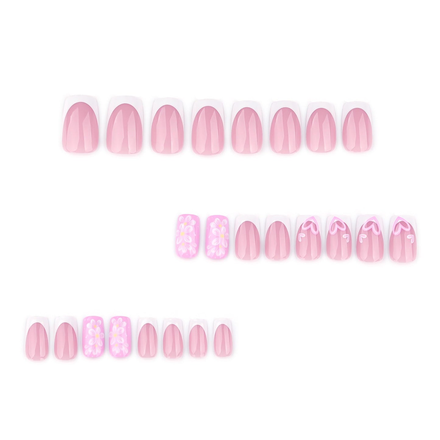 White French Tip Press on Nails Medium Square Fake Nails Stars False Nails with Flower Design Glue on Nail Pink Acrylic Nails Full Cover Stick on Nail for Women 24Pcs
