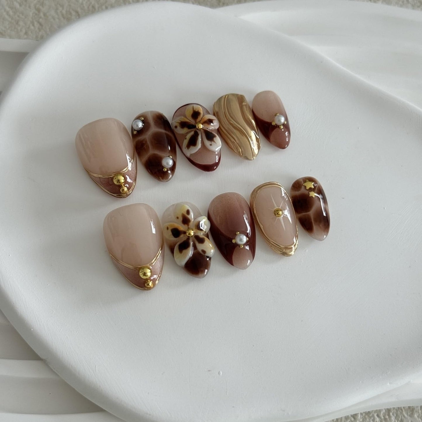Handmade Press on Nails Almond, Brown Acrylic Nails Medium, 3D Flower and French Tip Amber Gold Chrome For Women Gift, Handmade Reusable Stick on Nails Kit With Nail Glue (Size M)