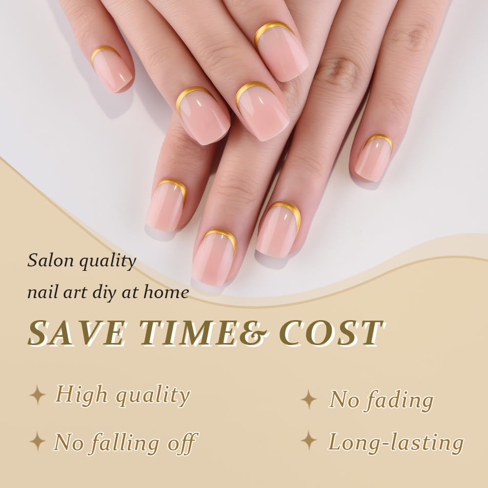 evpct Nude Glossy Press on Nails Short Square with 3D Gold Line, Glossy Ndue Fake Nails Reusable Acrylic False Nail Stick on Press ons for Women Gifts, Perfectly Fit False Nail Kit Gel 30Pcs