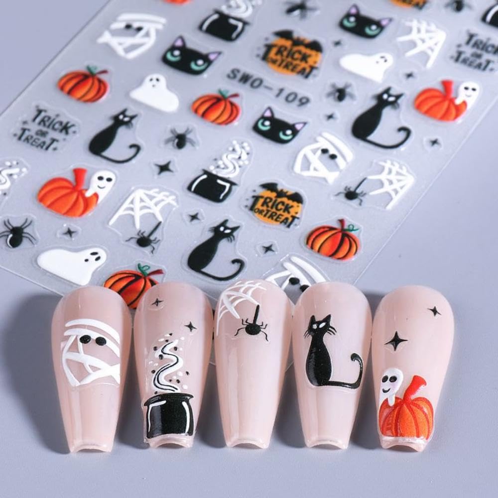 4 Sheets 5D Embossed Halloween Nail Stickers Cute Ghost Pumpkin Nail Art Stickers 3D Self-Adhesive Cat Nail Designs Flower Skeleton Holiday Spider Web Bandage Nails Supplies for Women Girls DIY