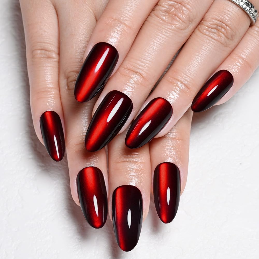 XZMeiLun Cat Eye Deep Red Press On Nails Almond Medium, Magnetic Acrylic Fake Nails Stylish Design, Salon-Quality Shiny Finish, Reusable Stick On Nails Kit for Women, Daily Wear (No Glue Included)