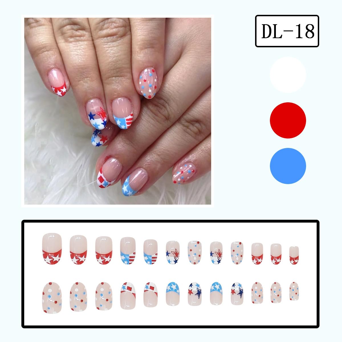 24Pcs 4th of July Press on Nails Petite Short Almond Fake Nails Red White Blue Star with Polka Dot Designs American Flag Full Cover Glue on Nails French Tip False Nails Cute Stick on Nails for Acrylic