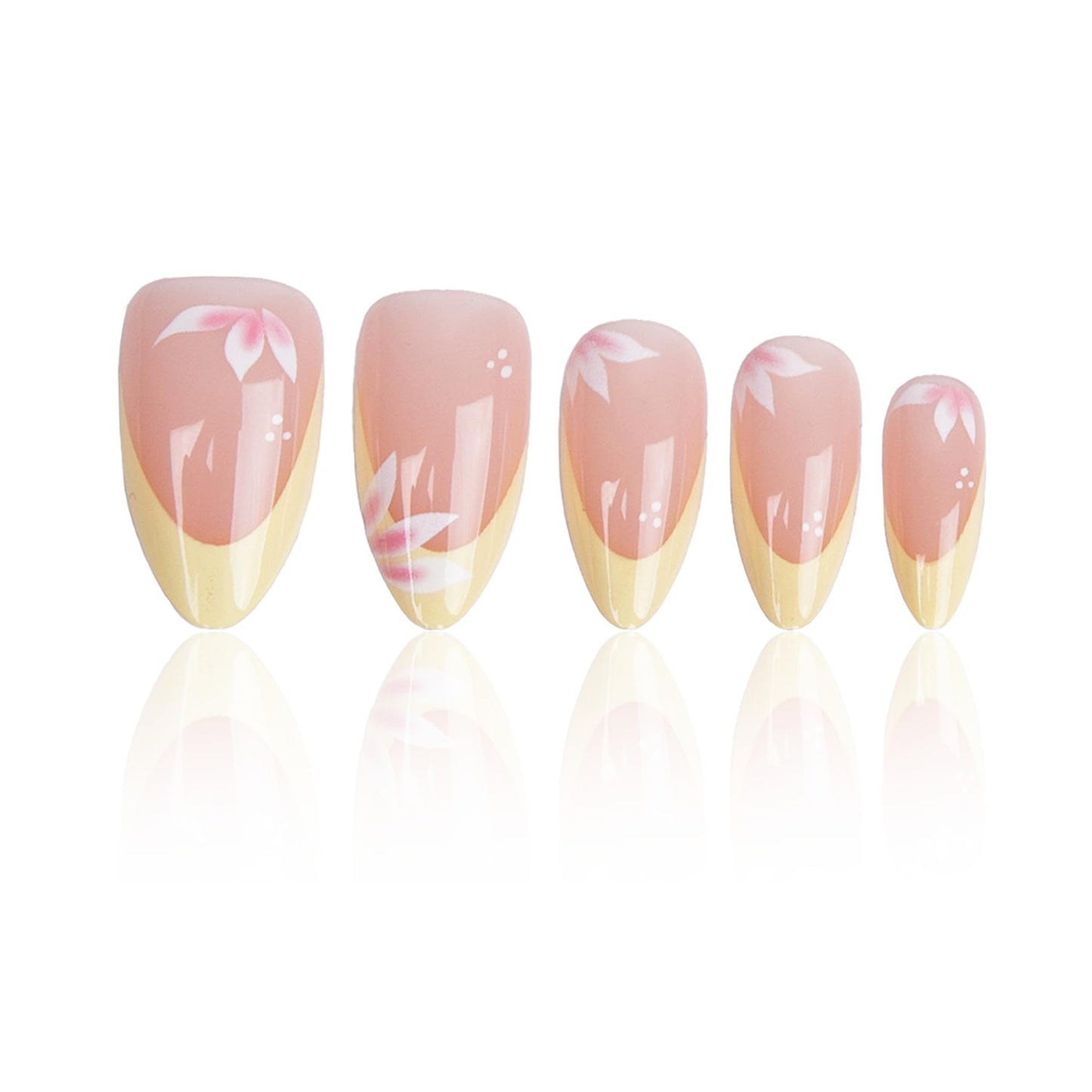 24Pcs Pastel Yellow French Tip Press On Nails Medium Almond Fake Nails with Pink Tulip Flower & White Dot, Nude Pink Base Glossy False Nails, Spring Floral Acrylic Nail Full Cover Press ons for Women
