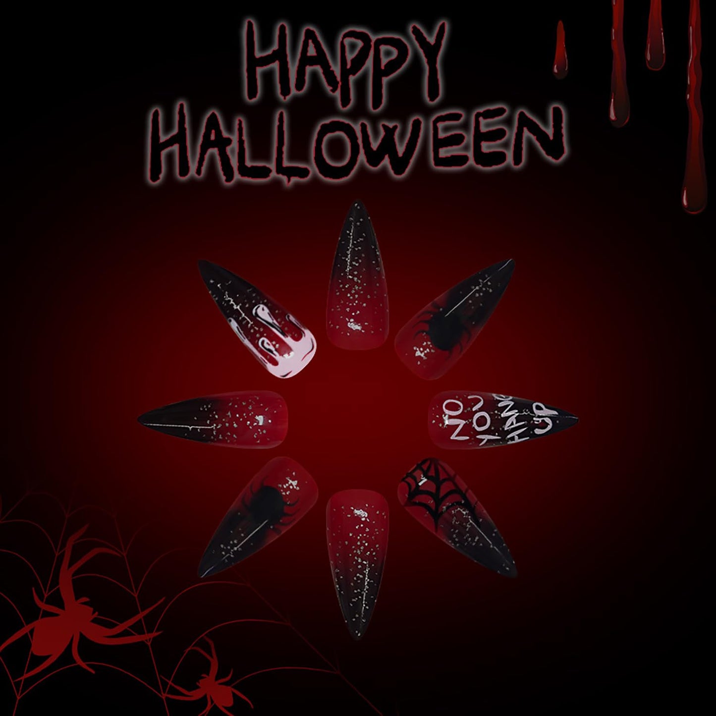 Almond Tip Halloween Press on Nails Long Spider Blood Drop Design Halloween Nail Full Cover Glossy Artificial Acrylic False Nail Wine Red French Tip Long Stick on Nails for Women Festival Decoration