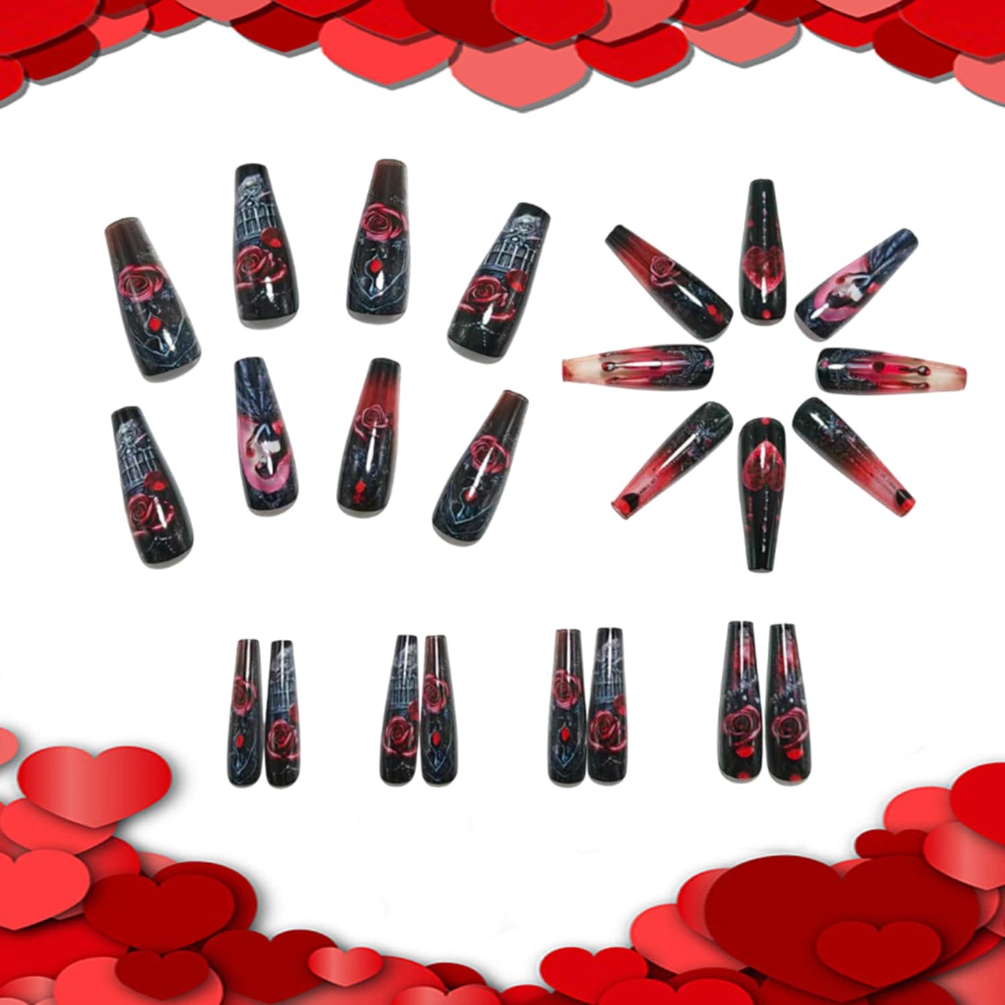 CJDLTS 24Pcs Flower Valentines Press on Nails Long Ballet Artificial Acrylic False Nails Red Love Fake Nail Rose Full Cover Reusable Coffin Floral Artificial Fingernails for Women Festival Manicure