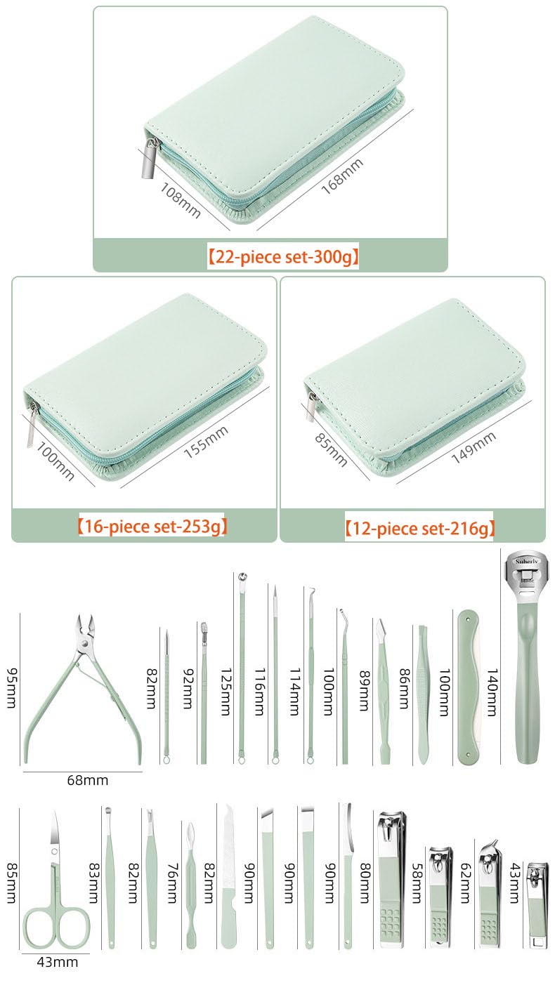 Nail Clippers Set Fingernail and Toenail Clipper Cutters, Manicure Pedicure Kit -22 Pieces Stainless Steel Professional Grooming Kits, Nail Care Tools with Green Zipper case (RHYTHM-0026A22)