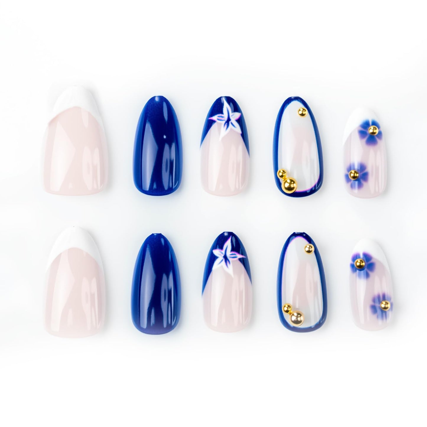 30Pcs Blue Flower Press on Nails - Short Almond French Tip Fake Nails with 3D Gold Beads Design Flowers False Nails Nude Glossy Full Cover Spring Summer Floral Gel Artificial Stick on Nails for Women