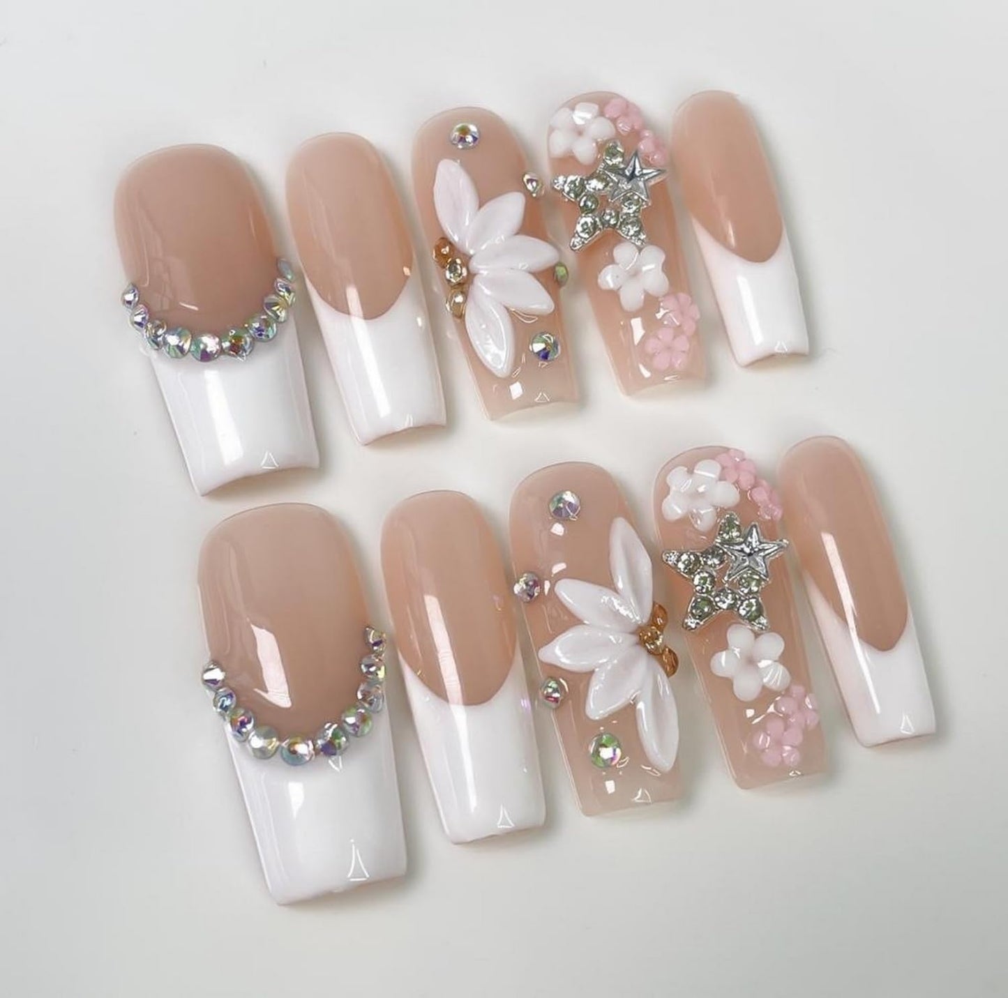 Luxury Press on Nails Long Square Handmade 3D Unique Reusable ABS Material Fake Nails French Tip False Nails with Rhinestones Flower Stars Designs Elegant Glossy Glue on Nail Thick Acrylic Nail(S)