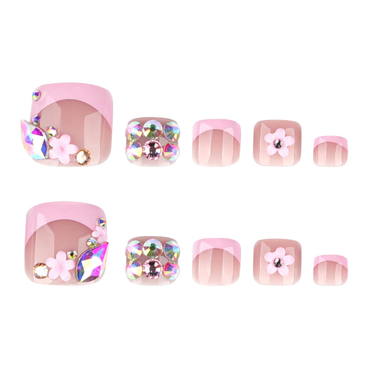 RUOKEXIN Short Press on Toenails Pink French Tip Fake Toenails with 3D Flower Rhinestones Designs Square Toe Nail Press ons Sparkly Artificial Nails for Women 24Pcs