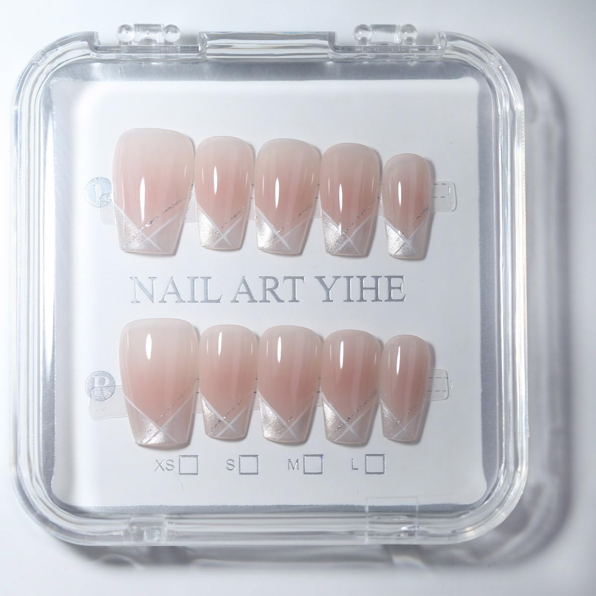 10Pcs Short Coffin Handmade Press On Nails | Nude Pink Ombre with Silver Glitter & Crisscross French Decor | Easy to Apply, Remove & Reusable, Salon-Quality (RR02, M)