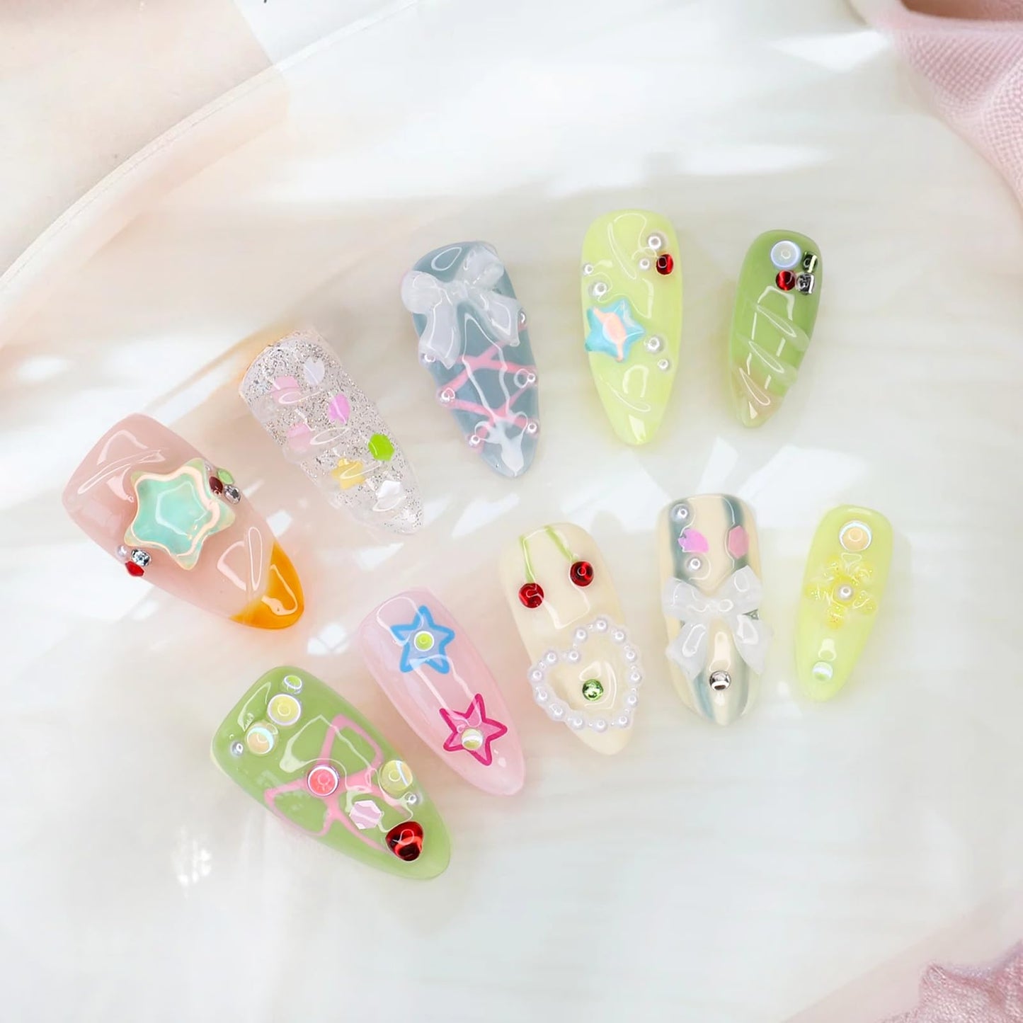 Short Press on Nails Almond Handmade False Nails 3D Stars Bow Pearl Designs Summer Flower Cherry Thick Acrylic Nails Full Cover Fake Nail Set Cute Glue on Nails for Women (Size M)
