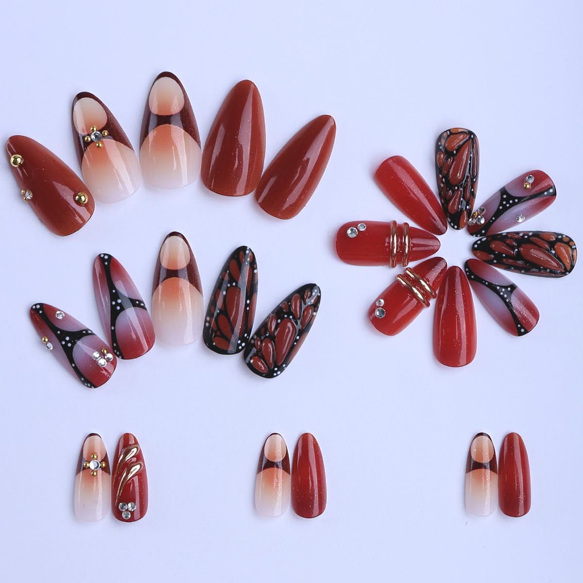 Medium Almond Press on Nails - 3D Charms Fake Nails with Black Red Butterfly Designs False Nails French Tip Glue on Nails Reusable Full Cover Stick on Nails for Women Manicure 24Pcs