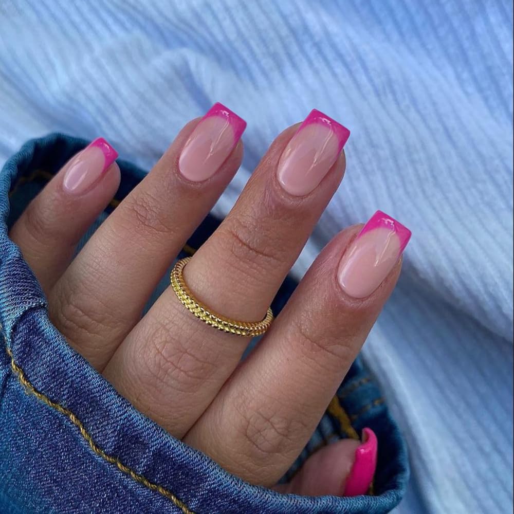 KQueenest Hot Pink Press on Nails Short Medium Square&Hot Pink French Press on Nails Short Square For Beach Party Daily Decoration in 48 PCS
