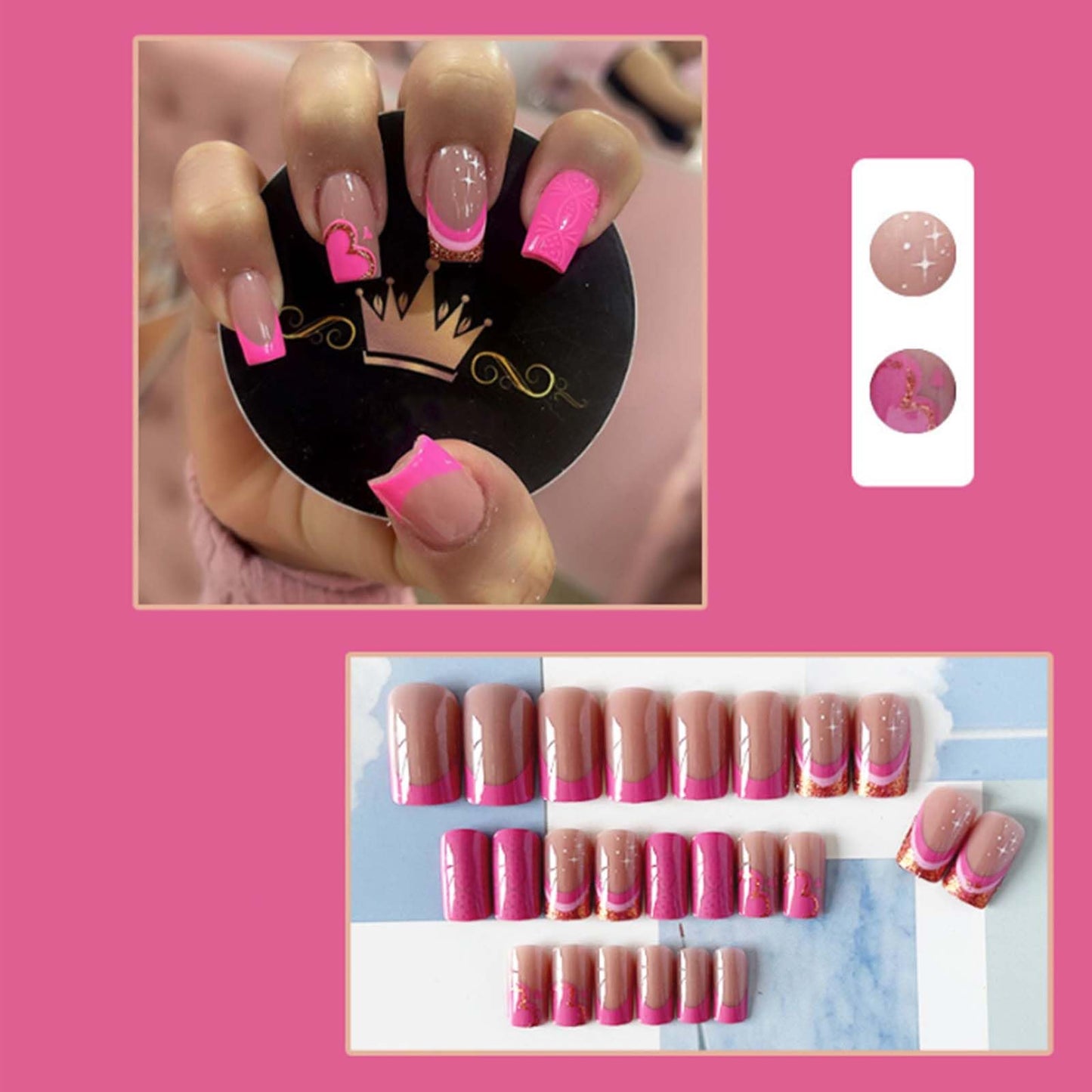 YoYoee Short Square False Nails French Love heart Press on Nails Full Cover Fake Nails Acrylic Rose Nails Tips for Women and Girls 24PCS