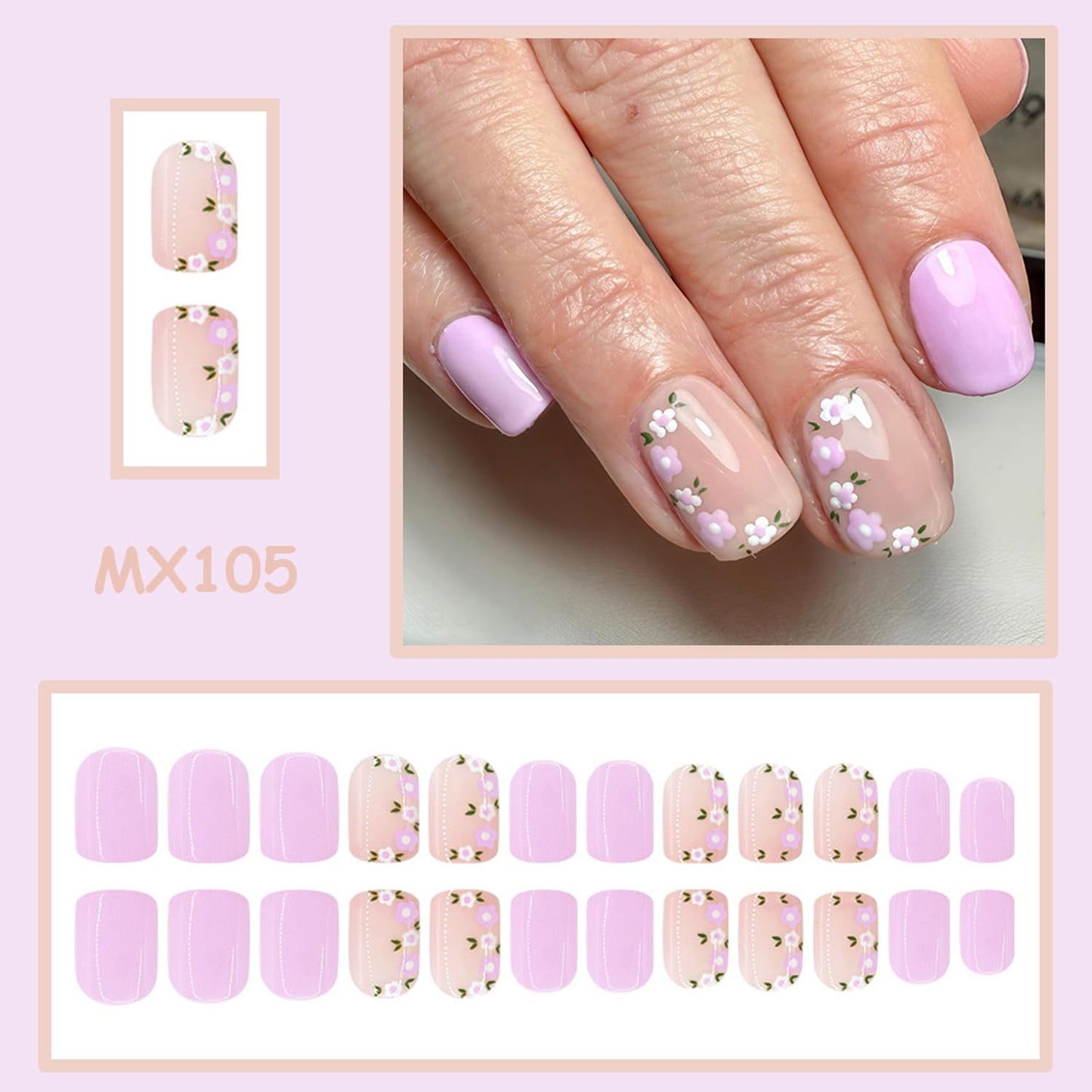 Square Press On Nails Short Fake Nails With Flower Design Full Cover Acrylic Artificial Glossy Purple Glue On Nail Nude False Nails Cute Spring Summer Stick On Nail Reusable For Women 24pcs