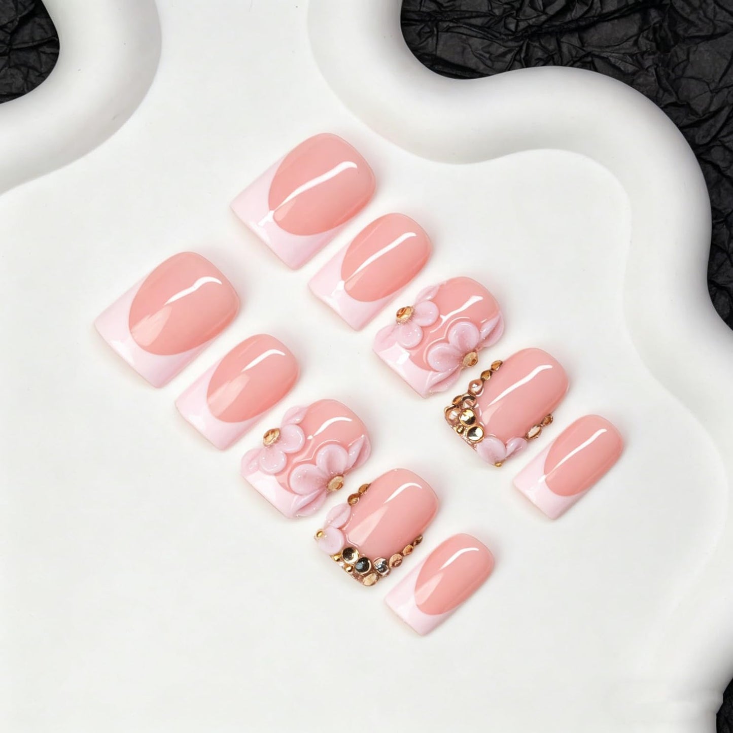 10pcs Press on Nails Flowers Handmade White French Tip Fake Nails with 3D Flower & Gold Rhinestone Designs Short Square Muti-Layer Gel Acrylic Nail Full Cover Thick Stick on Nails for Women (M)