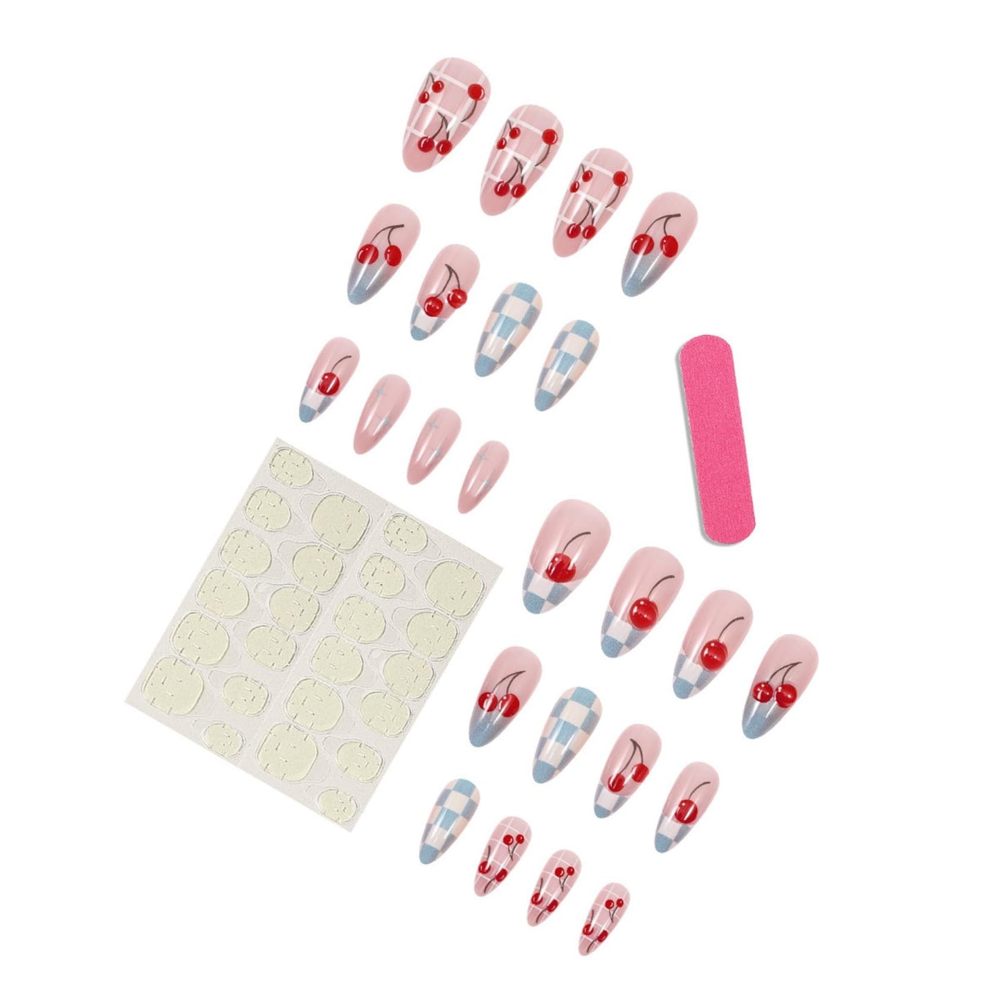 Medium Almond Press on Nails for Women,Cherry & Gingham Check Fake Nails Artificial Stick on Nails