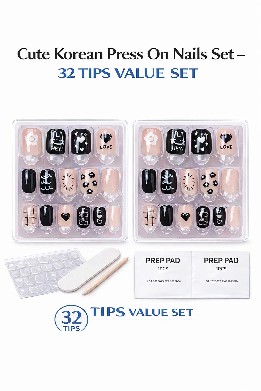 Cute Korean Press On Nails Set – Short Square Glossy Fake Nails with Teddy Bear & Ribbon Heart Designs, Reusable Stick-On Nails with Adhesive Tabs, DIY Manicure Kit (32 Tips / 2 Designs)